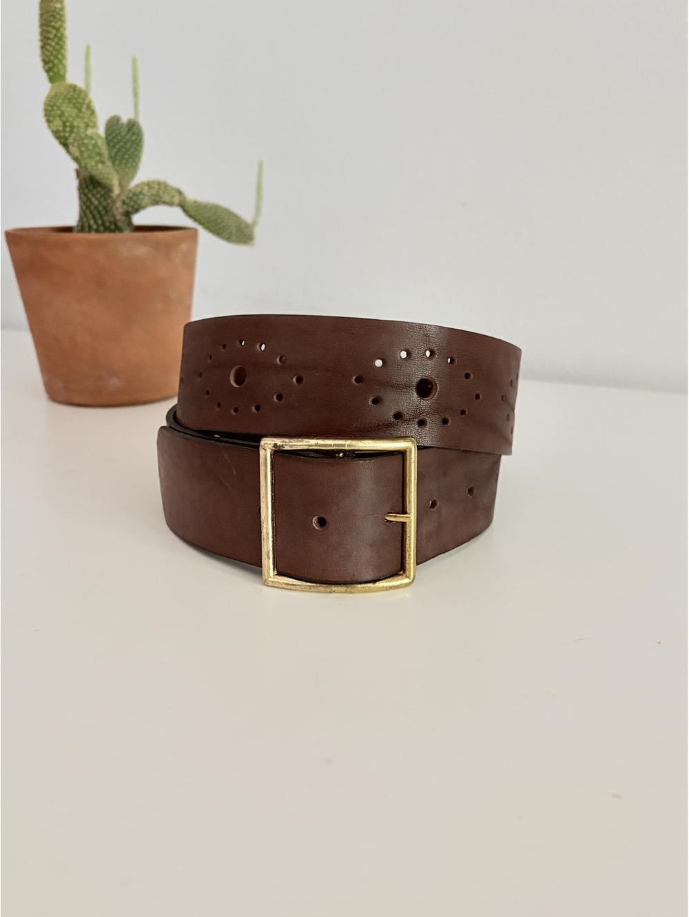 Brown Leather Belt Western Vintage Steerhide Perforated Design Size 34"